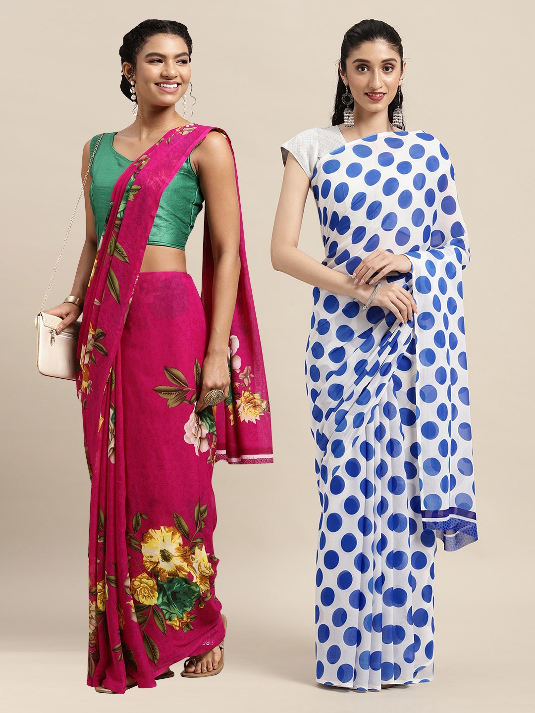 

KALINI Pink & Blue Set Of 2 Floral Saree