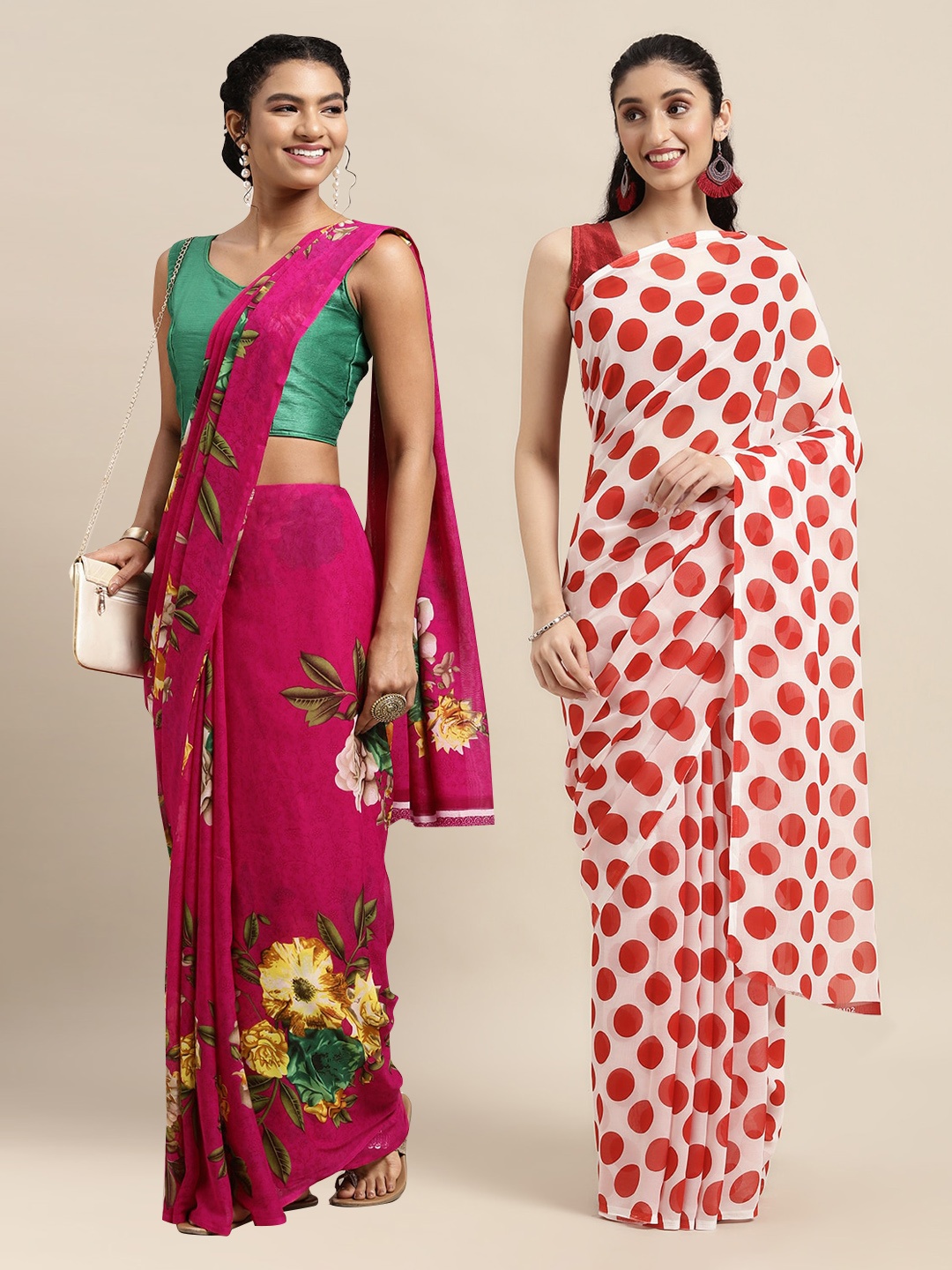 

KALINI Magenta & Off White Set of 2 Floral Printed Georgette Saree