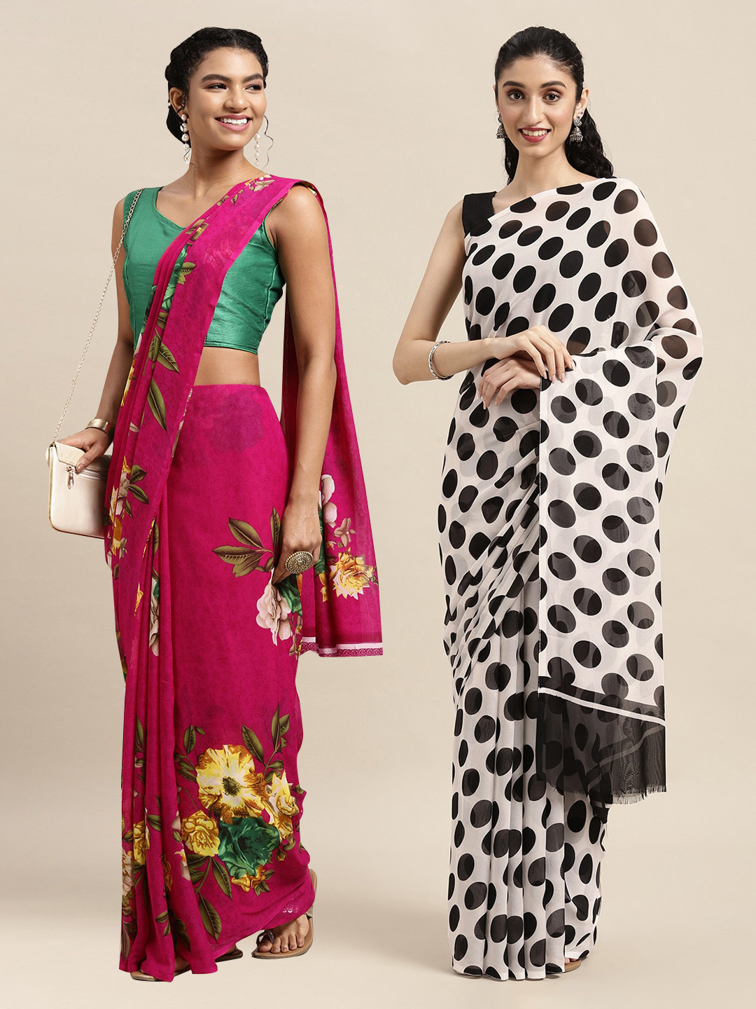 

KALINI Pink & Black Floral Printed Poly-Georgette Saree Pack Of 2