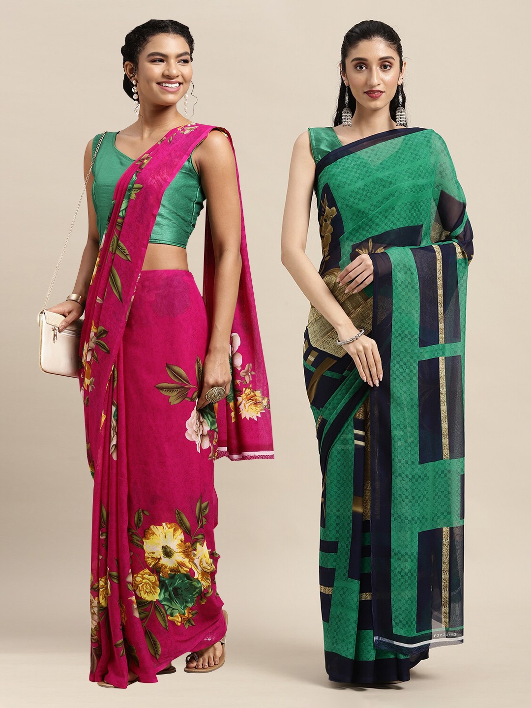 

KALINI Pack of 2 Fuchsia & Green Printed Sarees