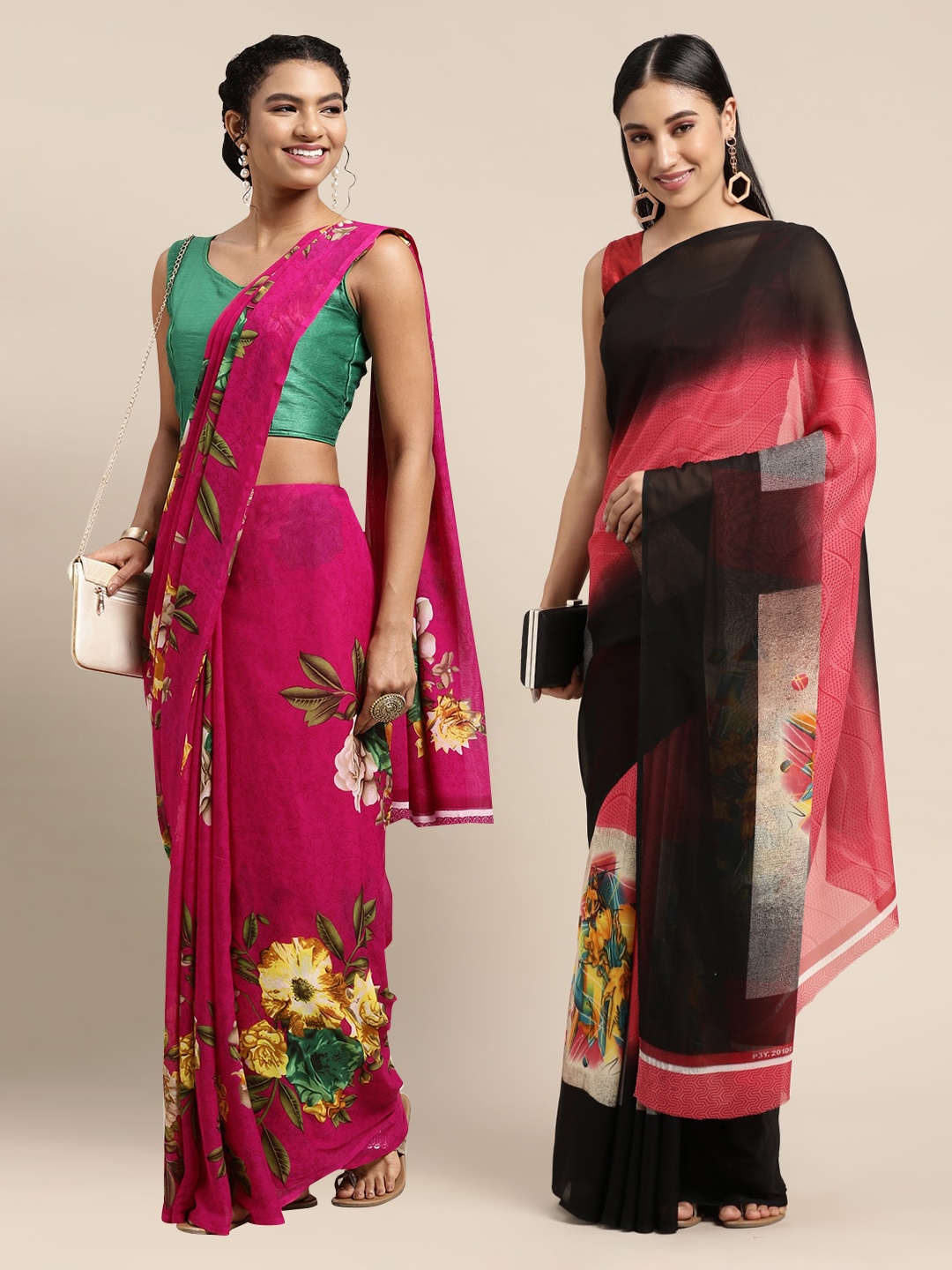 

KALINI Pack Of 2 Pink & Green Floral Saree