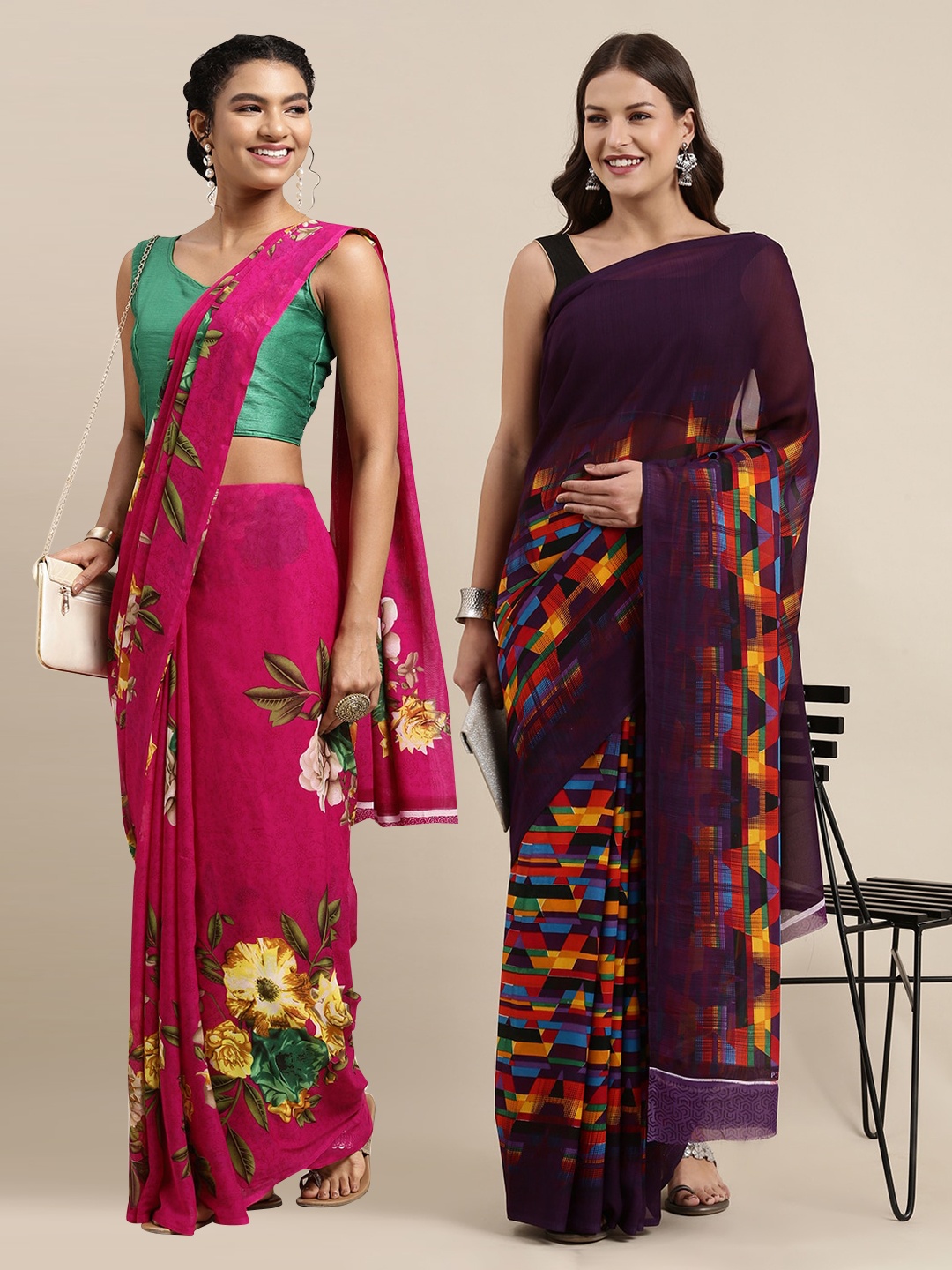 

KALINI Set Of 2 Pink & Purple Floral Saree
