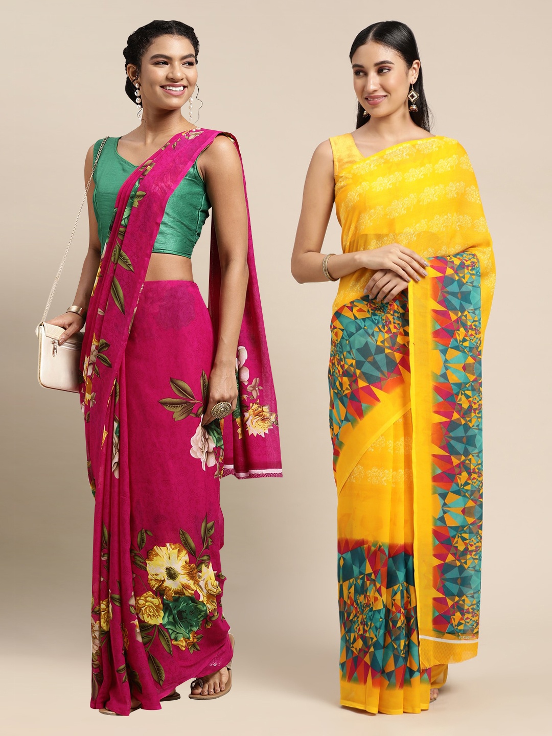 

KALINI Pack of 2 Printed Sarees, Pink