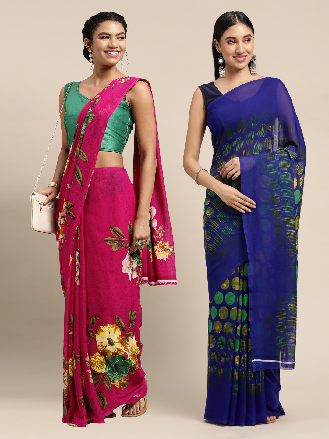

KALINI Pink & Blue Set Of 2 Floral Saree