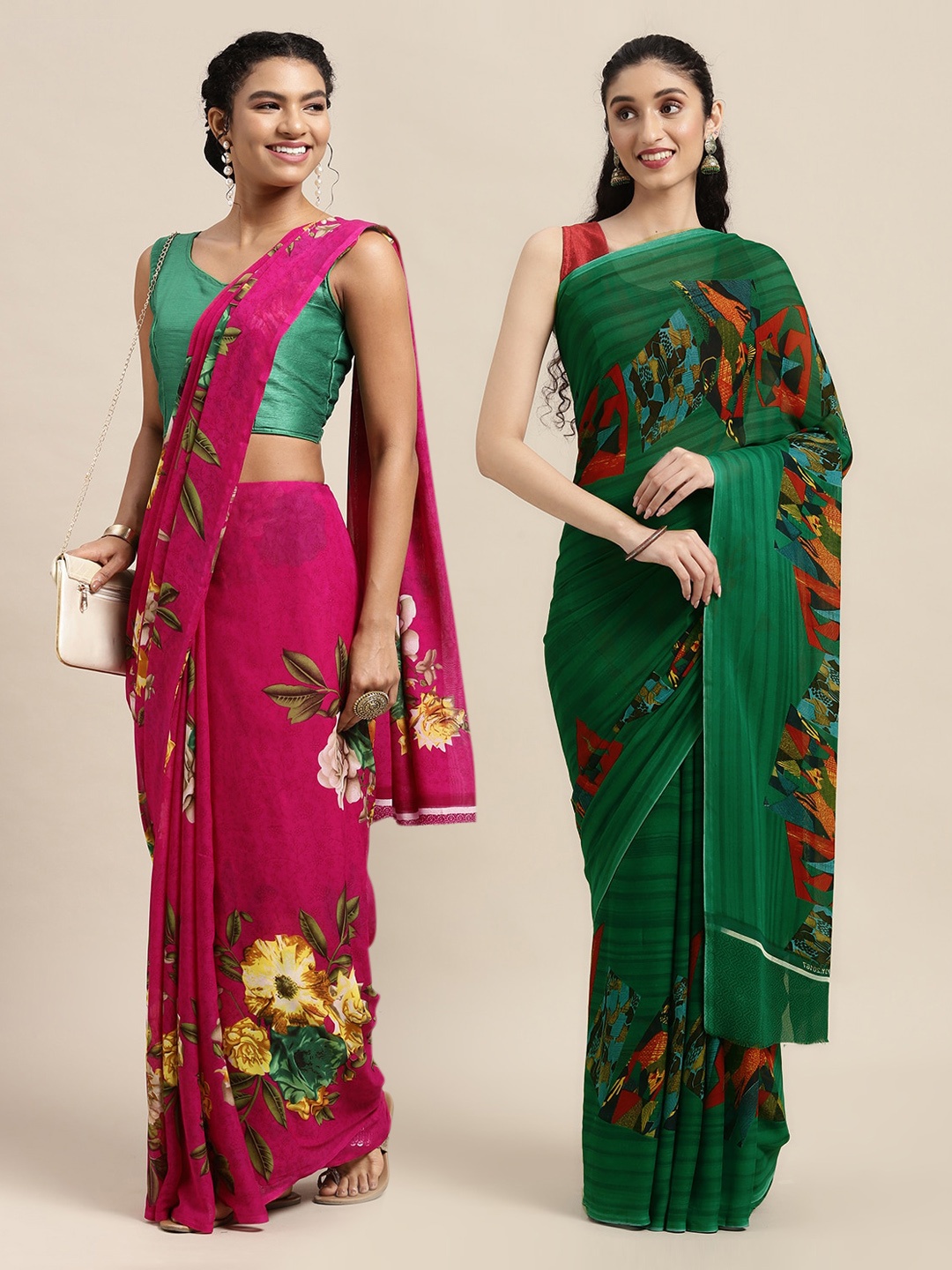 

KALINI Pink & Green Floral Printed Poly-Georgette Saree Pack Of 2