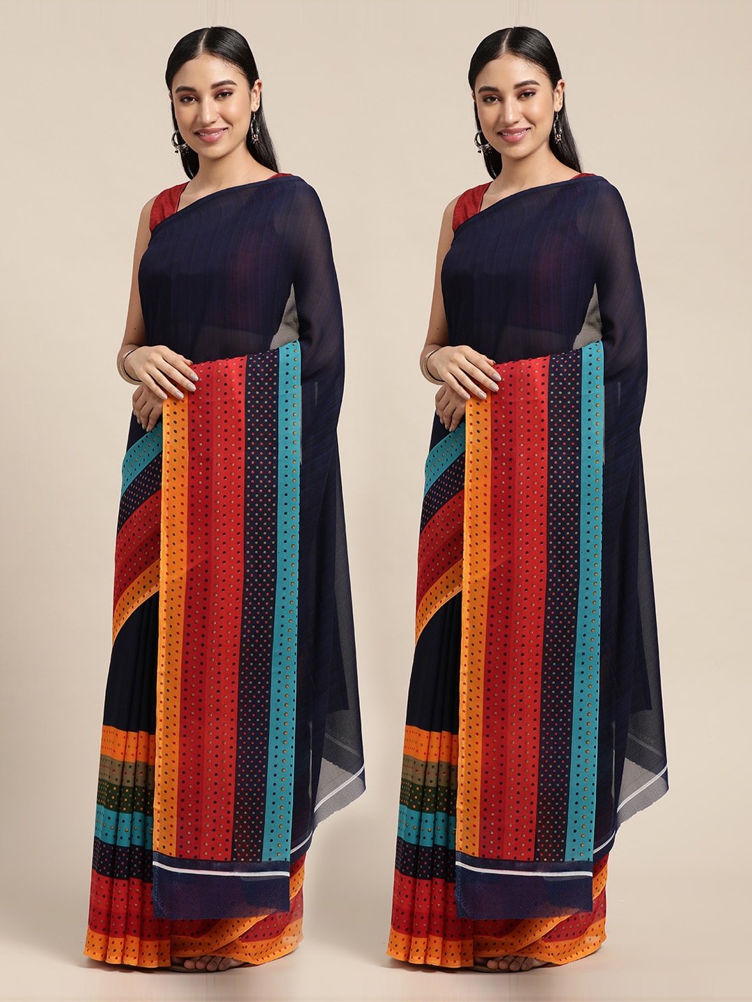 

KALINI Pack of 2 Navy Blue & Red Printed Sarees
