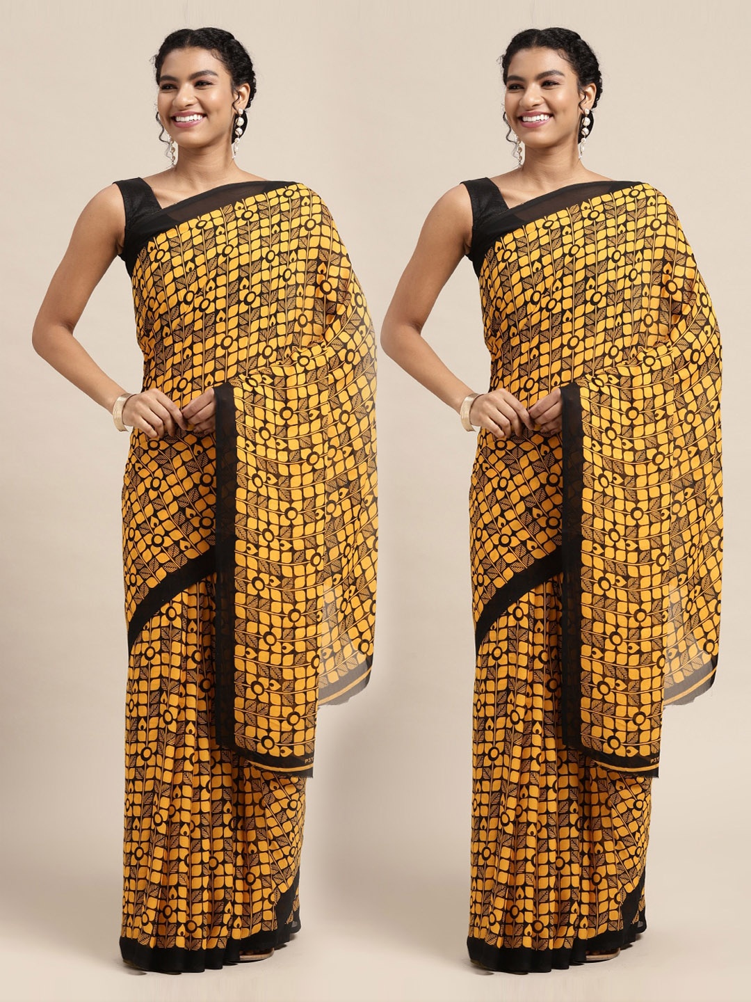 

KALINI Pack Of 2 Mustard & Black Floral Printed Saree