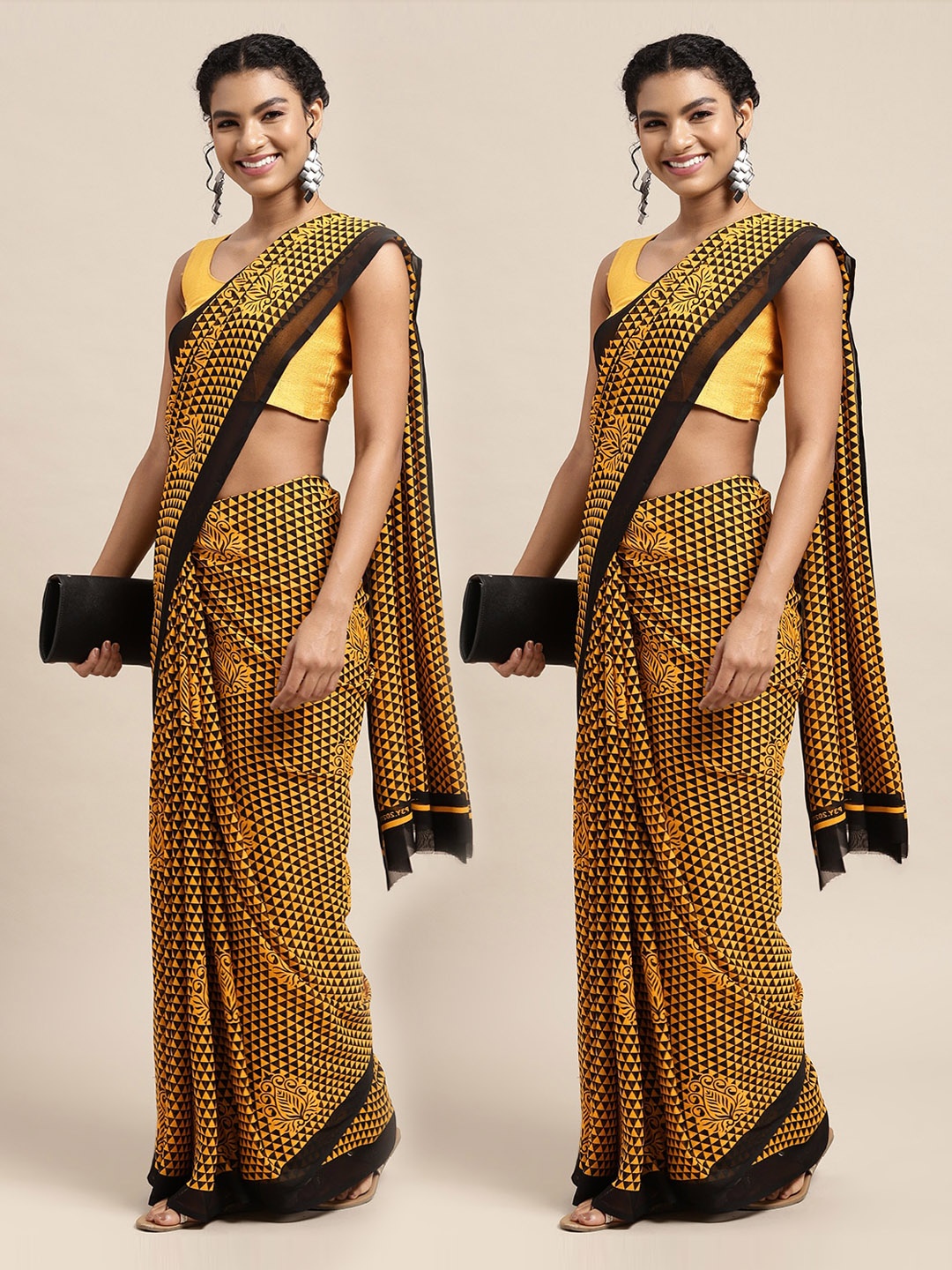 

KALINI Pack Of 2 Mustard & Black Ethnic Motifs Saree