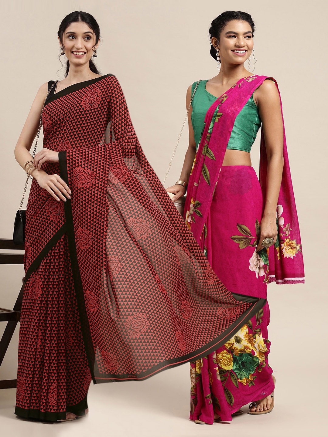 

KALINI Set Of 2 Pink & Red Floral Saree