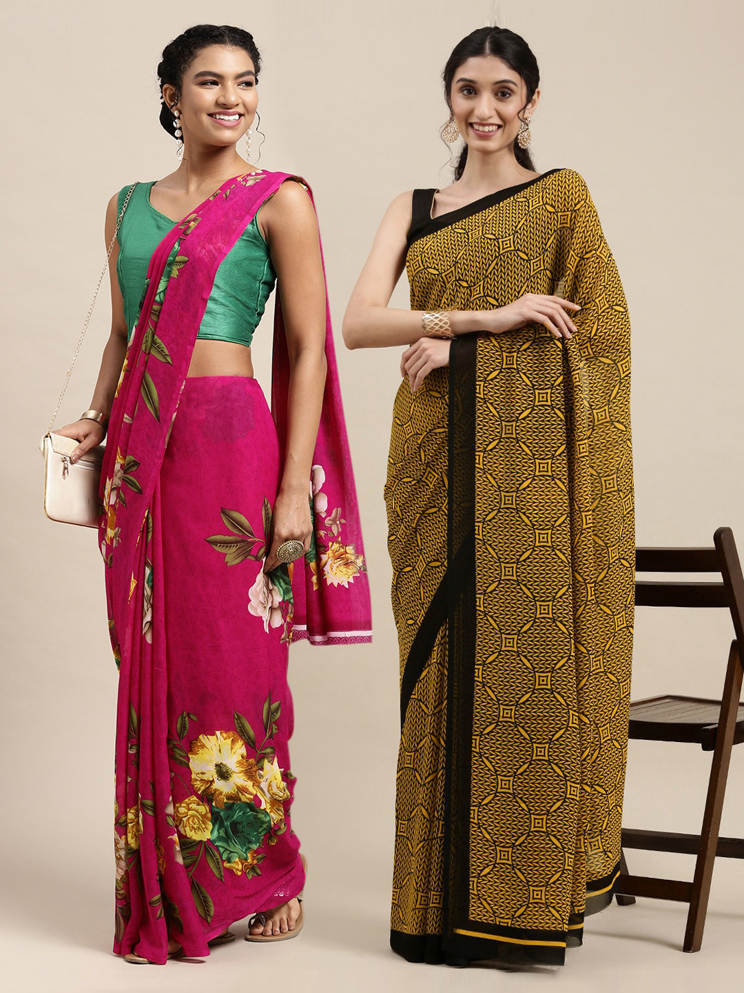 

KALINI Set of 2 Printed Poly Georgette Saree, Pink