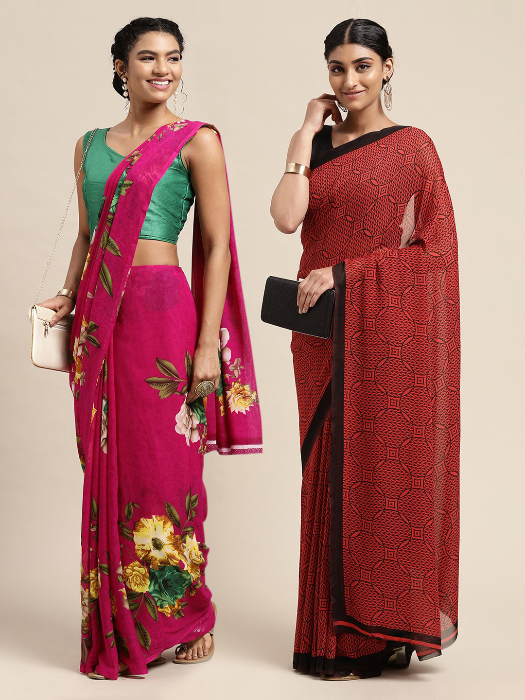 

KALINI Pink & Red Set Of 2 Floral Saree