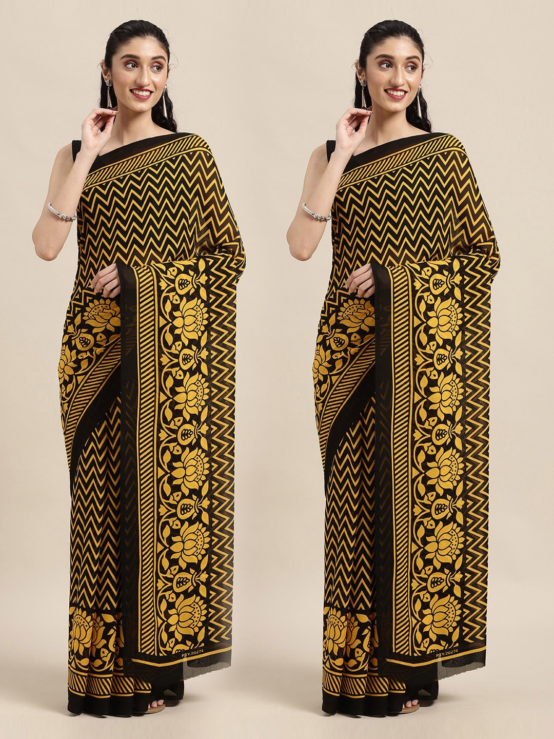 

KALINI Black & Yellow Set of 2 Printed Georgette Saree