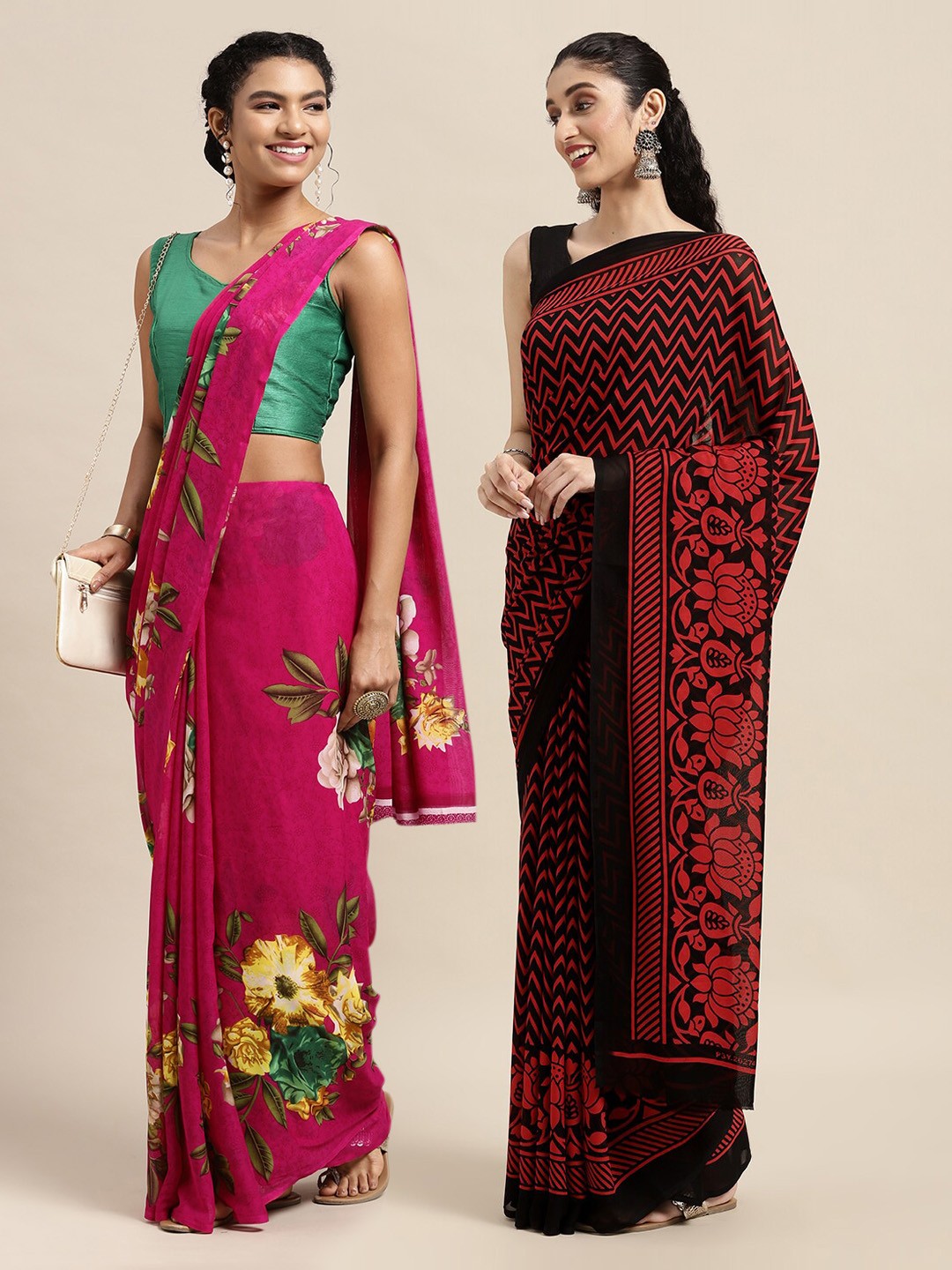 

KALINI Pink & Red Floral Printed Poly-Georgette Saree Pack Of 2