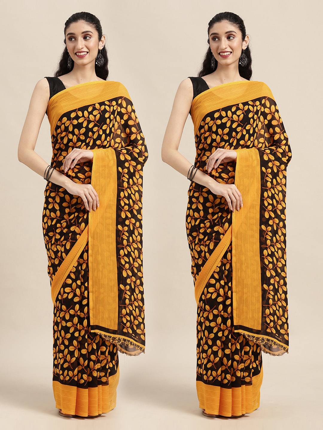 

KALINI Pack of 2 Black & Yellow Floral Sarees