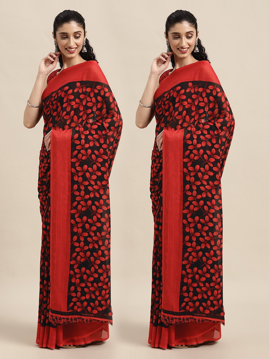 

KALINI Pack Of 2 Black & Red Floral Printed Saree