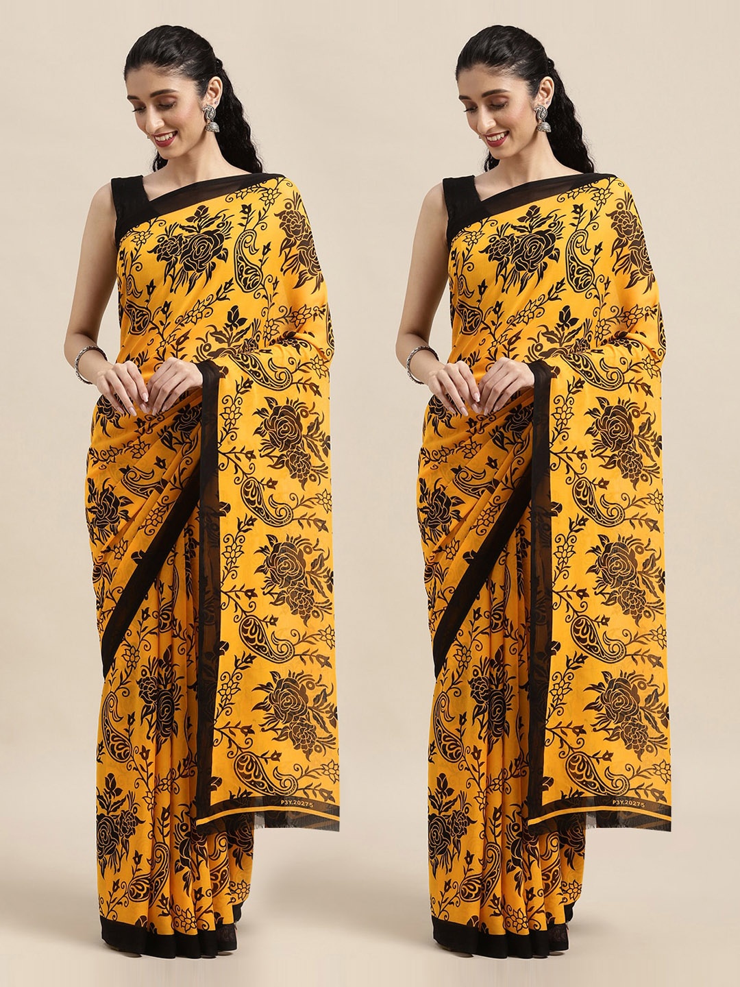 

KALINI Pack of 2 Yellow & Black Floral Sarees