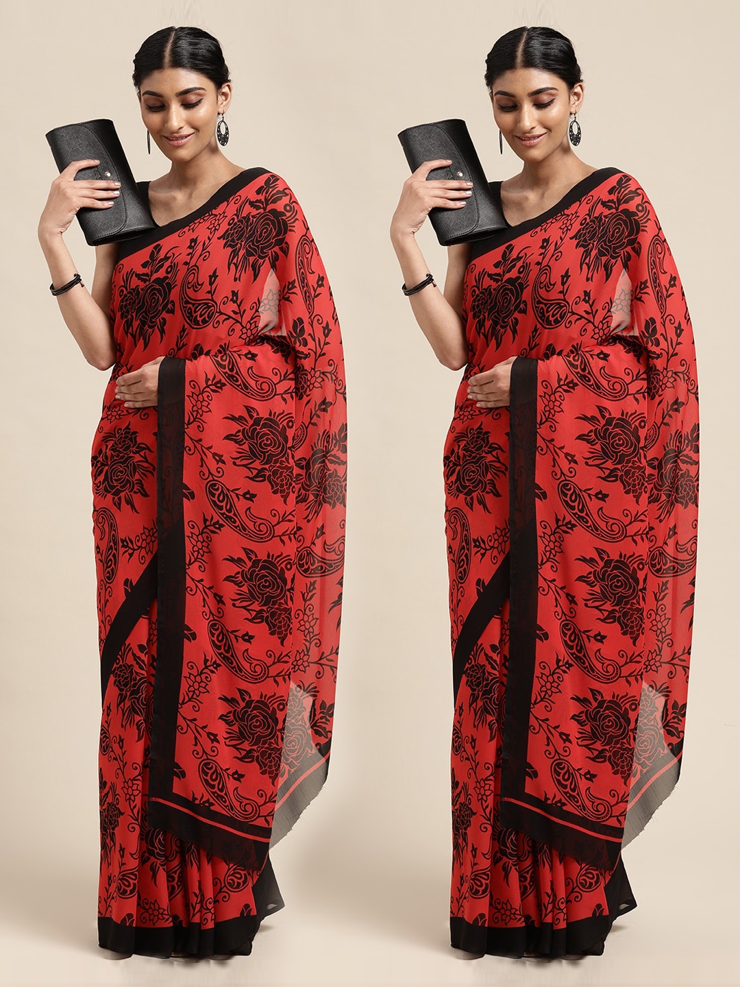 

KALINI Pack Of 2 Red & Black Paisley Saree