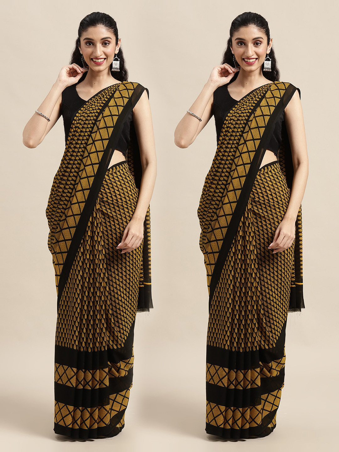 

KALINI Set Of 2 Black & Yellow Ethnic Motifs Saree