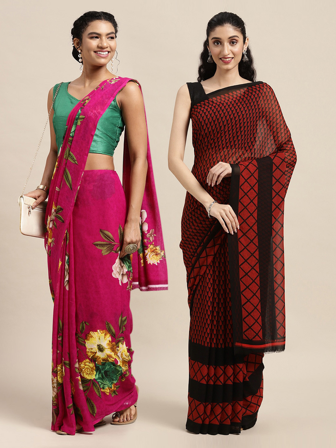

KALINI Pack Of 2 Pink & Maroon Floral Saree