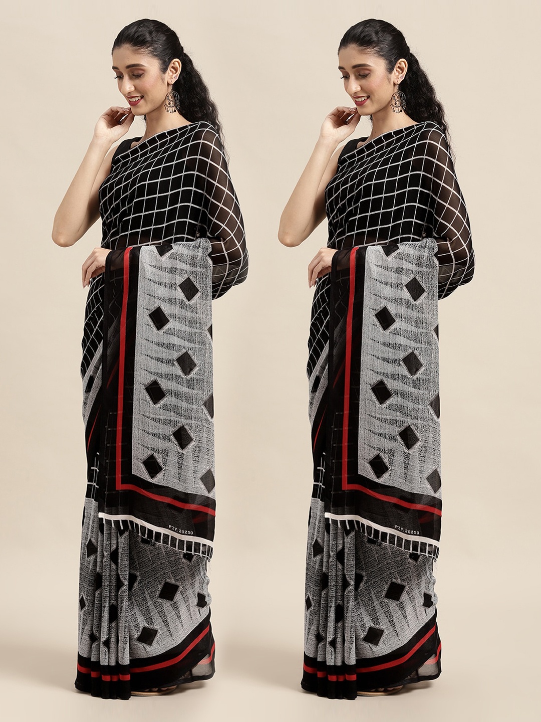 

KALINI Black & White Set Of 2 Checked Saree