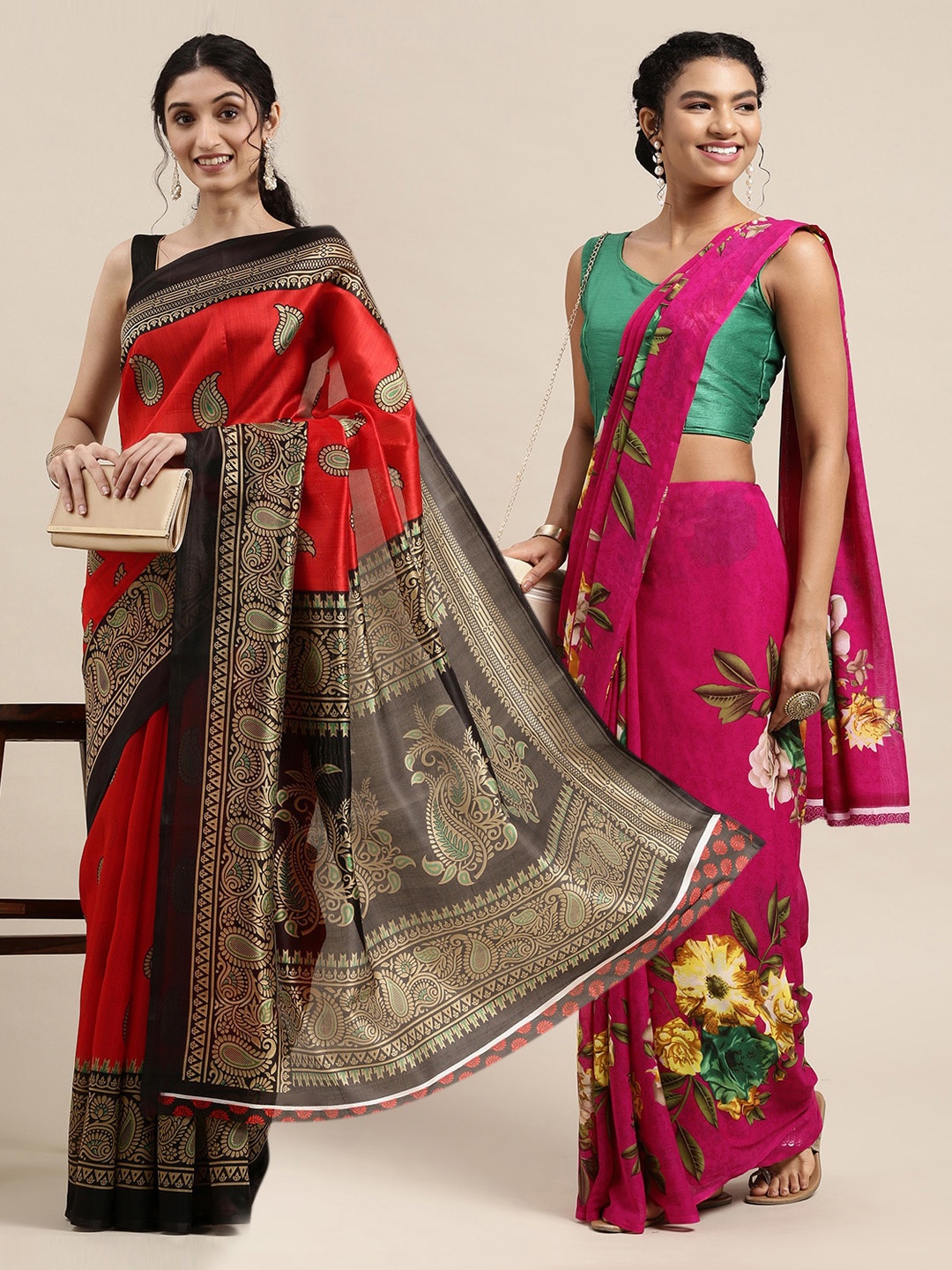 

KALINI Pink & Red Floral Printed Poly-Georgette Saree Pack Of 2