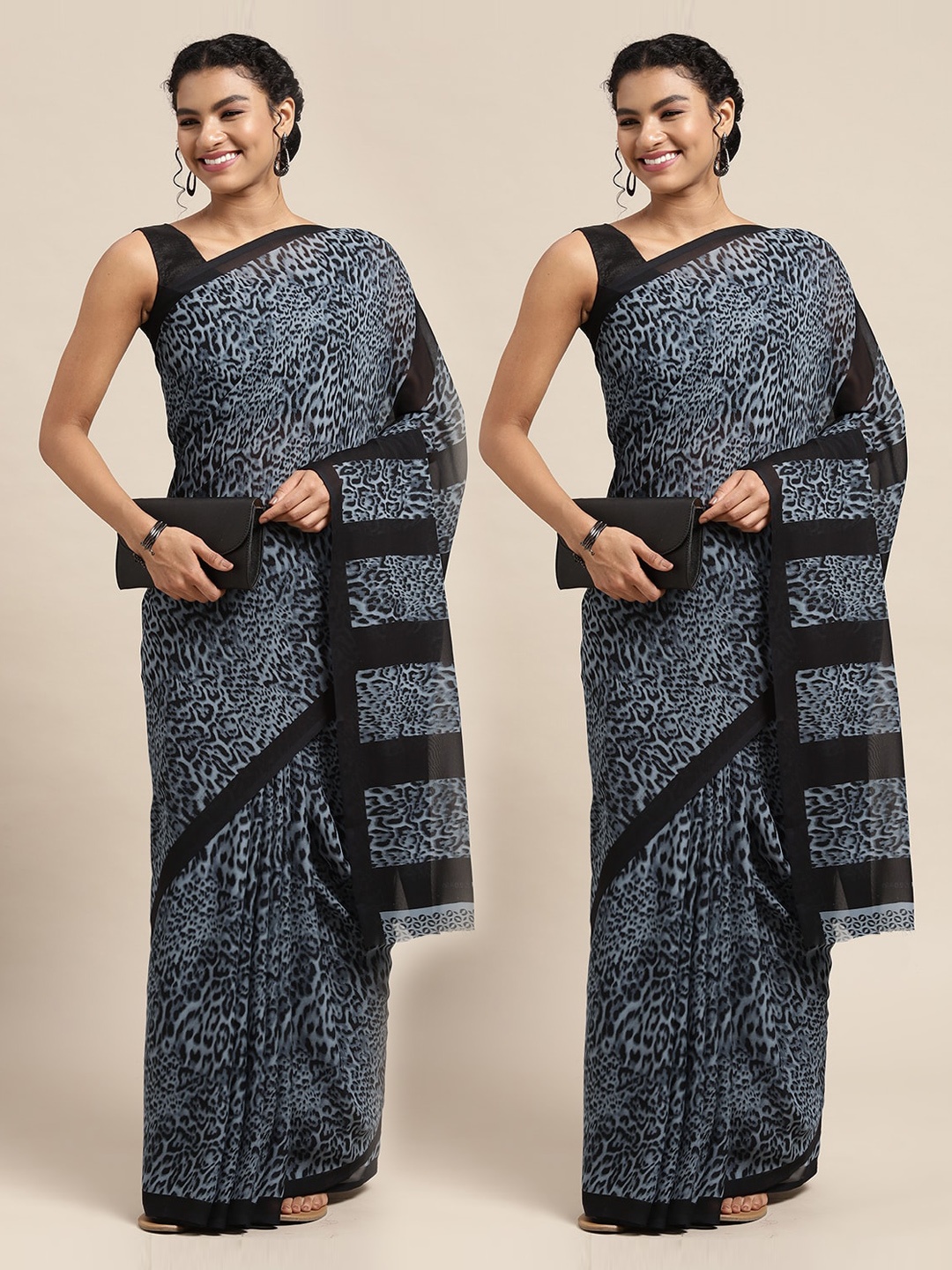 

KALINI Pack of 2 Black & Grey Animal Printed Sarees