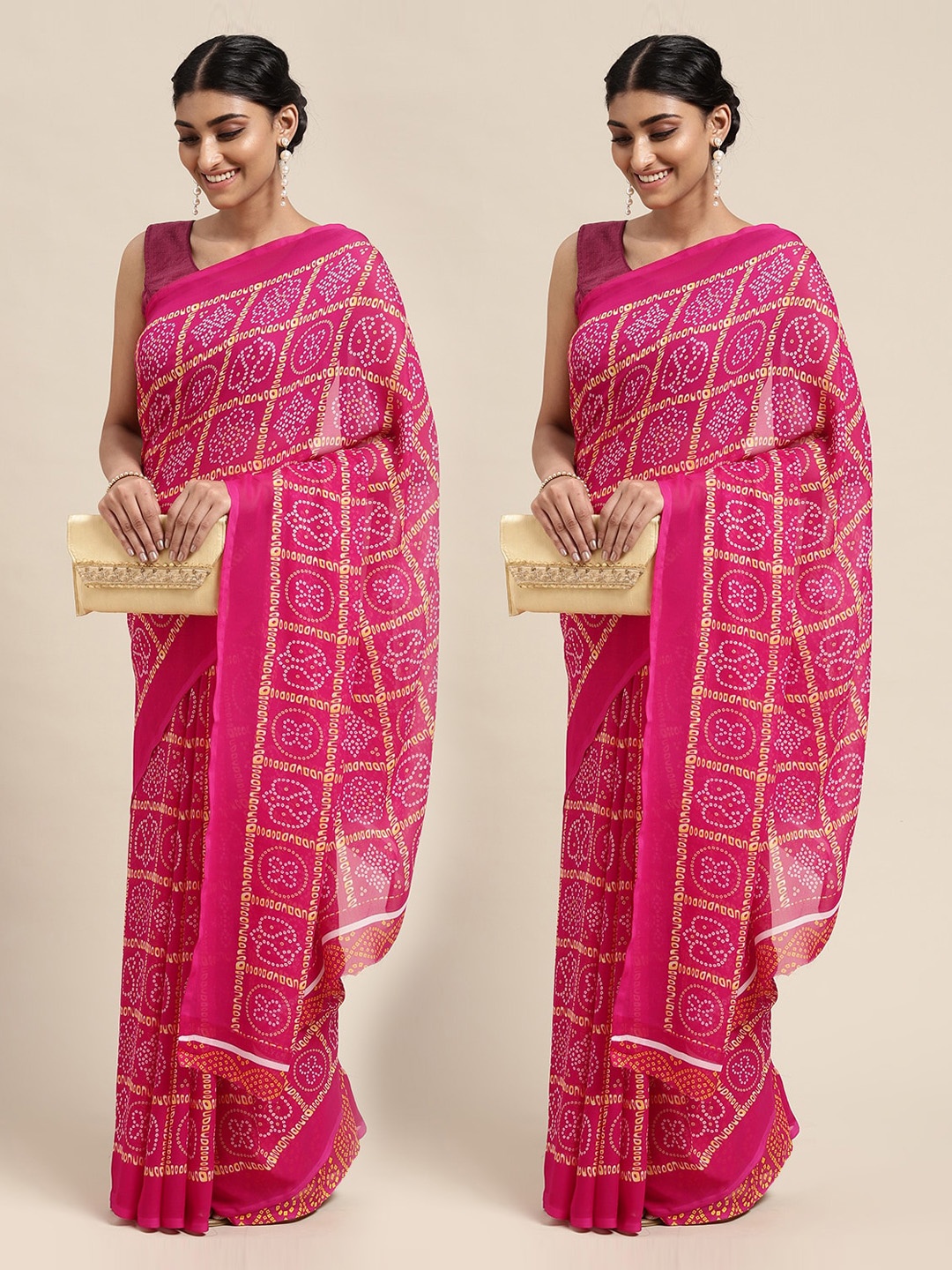 

KALINI Set Of 2 Pink Bandhani Saree