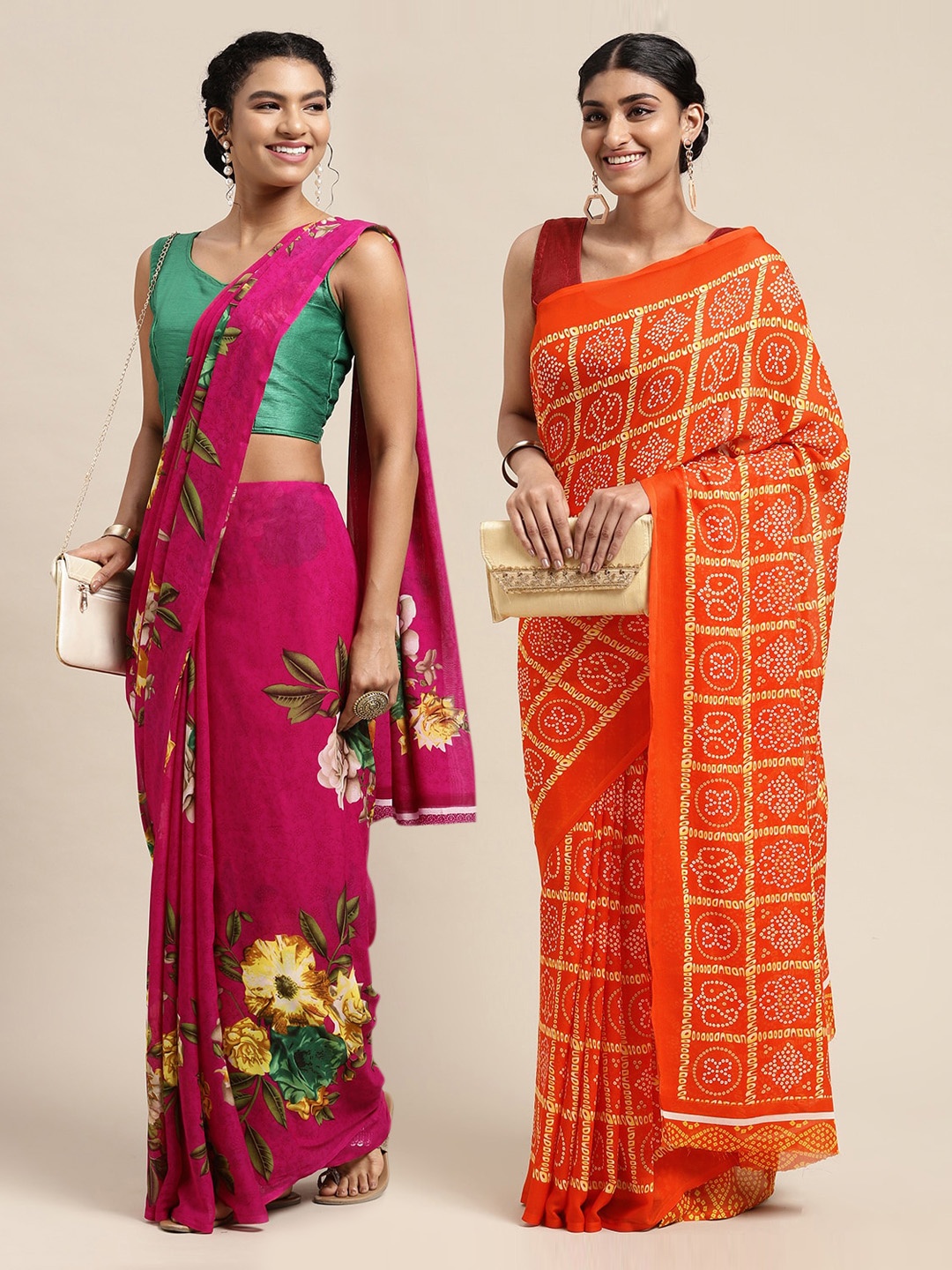 

KALINI Pink & Orange Set Of 2 Floral Saree