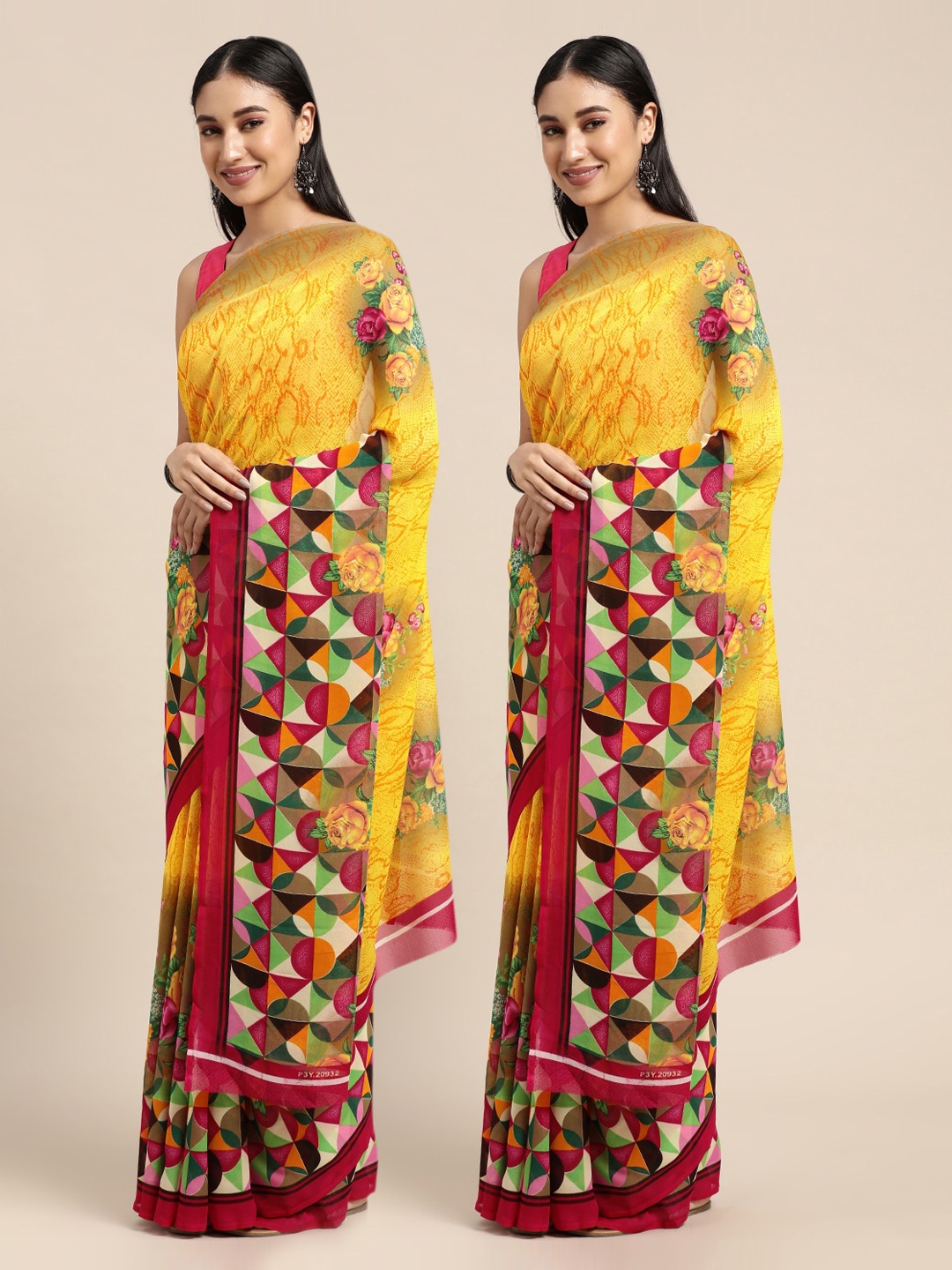 

KALINI Yellow & Pink Printed Poly-Georgette Saree Pack Of 2