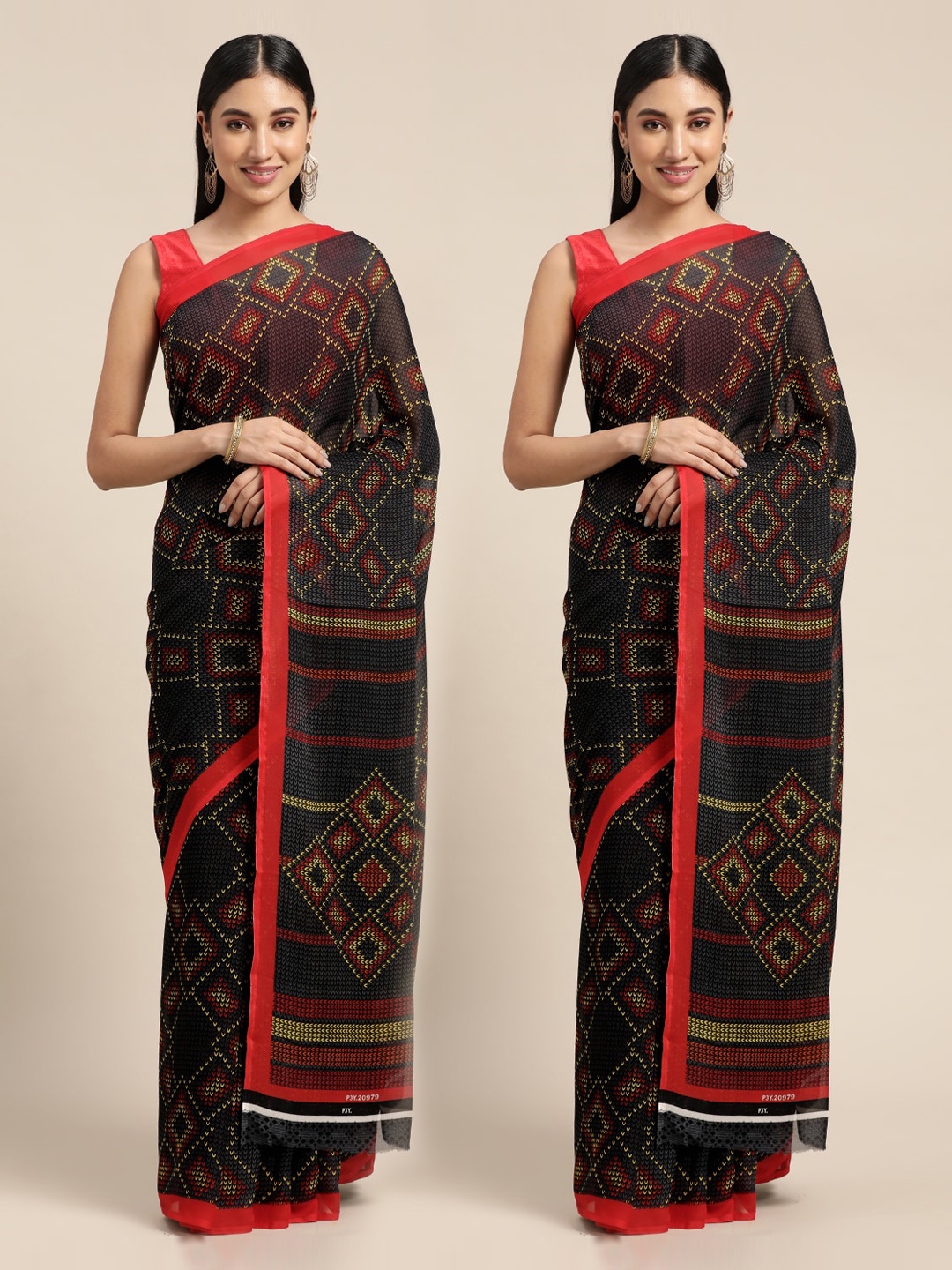

KALINI Pack of 2 Navy Blue & Red Bandhani Sarees