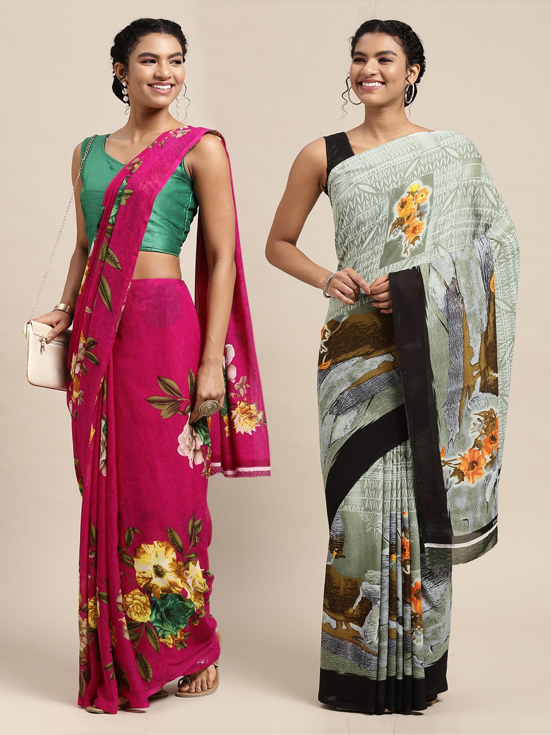 

KALINI Pack Of 2 Pink & Green Floral Printed Saree