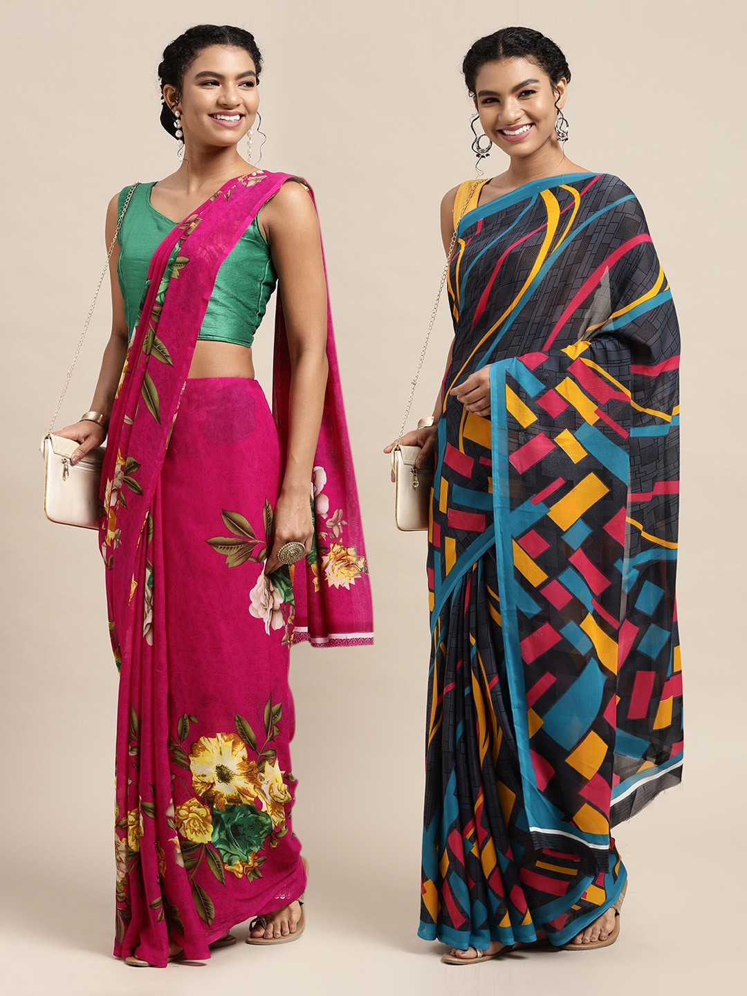 

KALINI Pack of 2 Fuchsia & Grey Printed Sarees