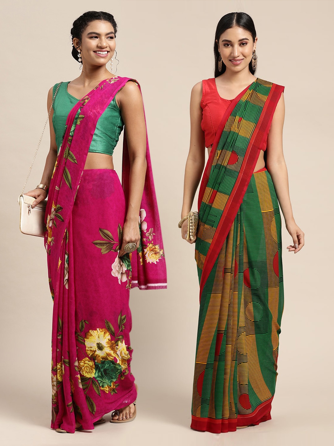 

KALINI Set Of 2 Pink & Green Floral Saree