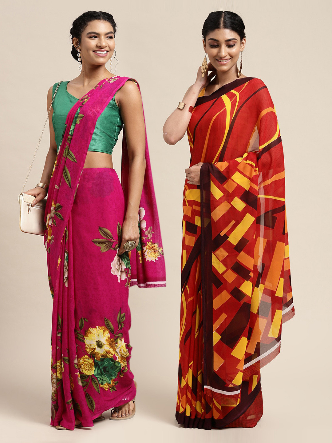 

KALINI Pink & Red Set Of 2 Floral Saree