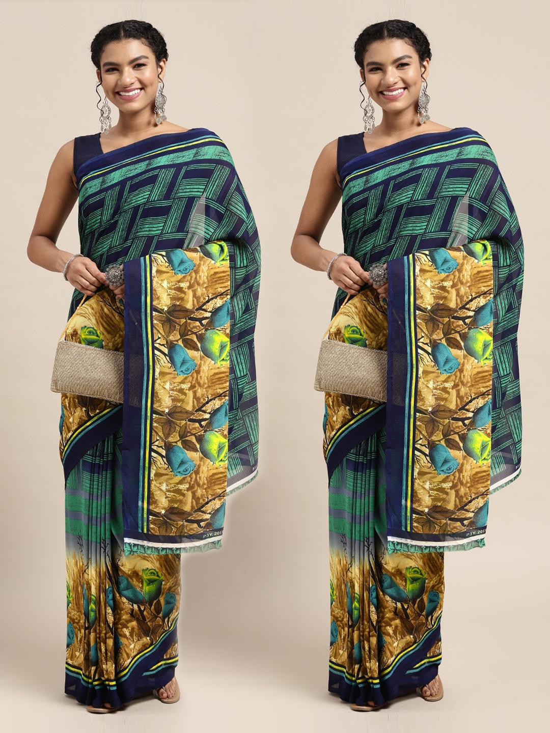 

KALINI Teal & Mustard Set of 2 Printed Georgette Saree