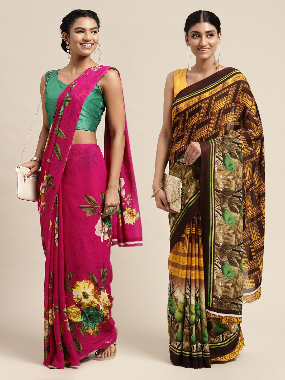

KALINI Pink & Yellow Floral Printed Poly-Georgette Saree Pack Of 2