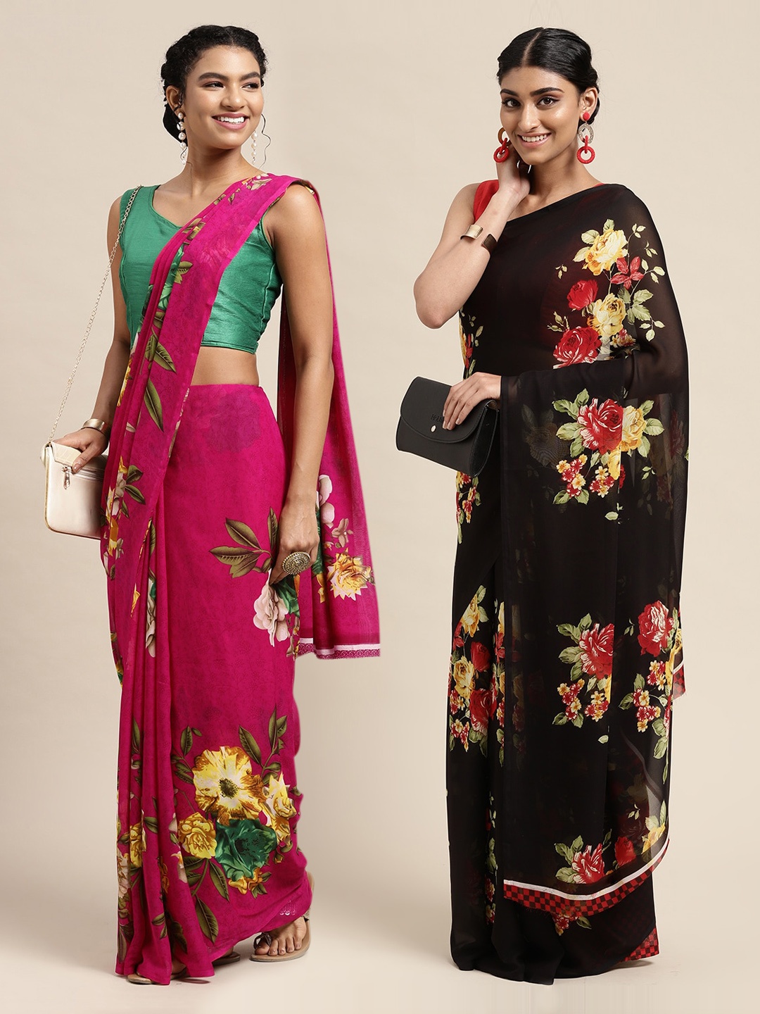 

KALINI Pack of 2 Fuchsia & Black Floral Sarees