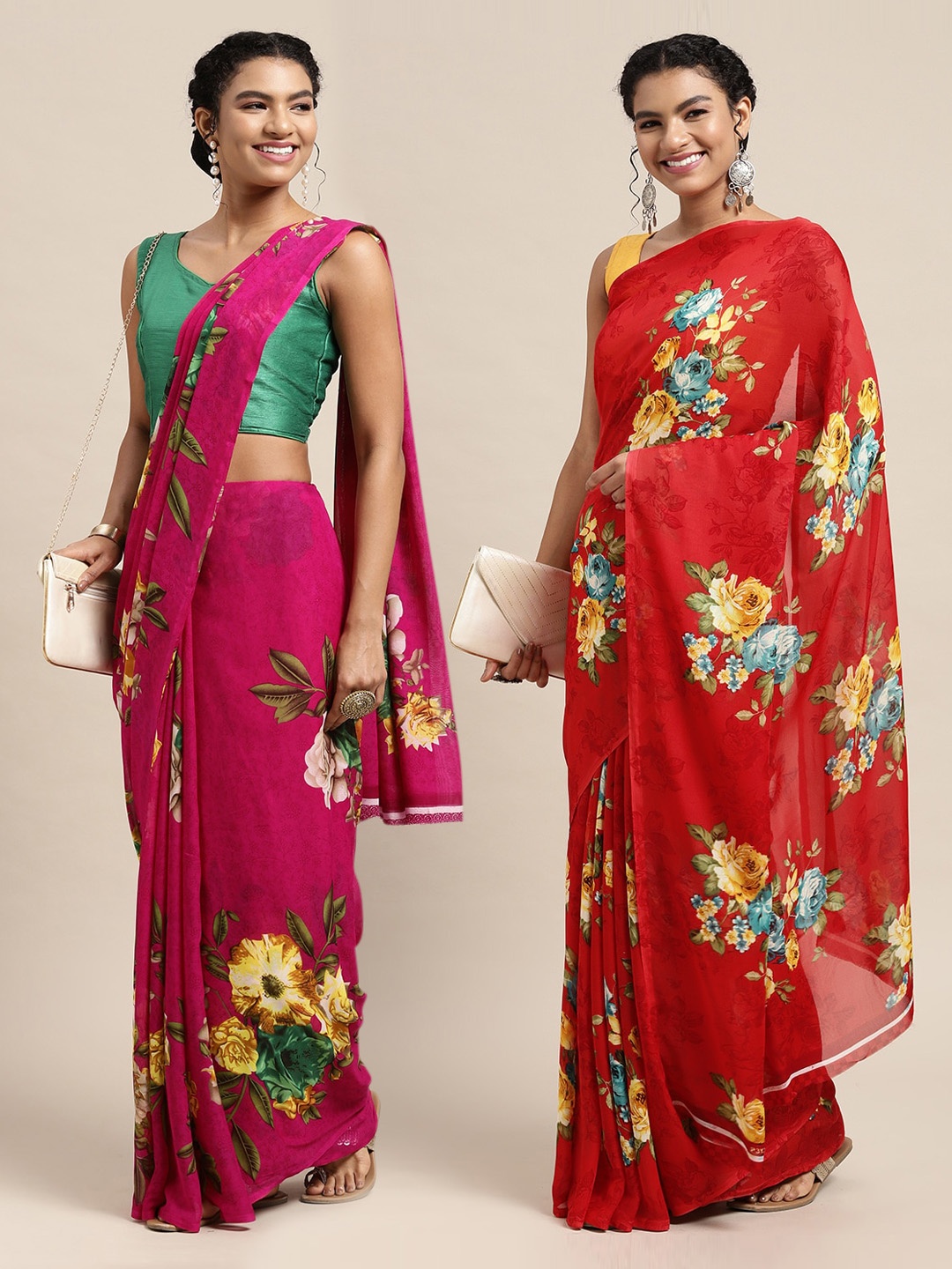 

KALINI Pack Of 2 Pink & Green Floral Saree