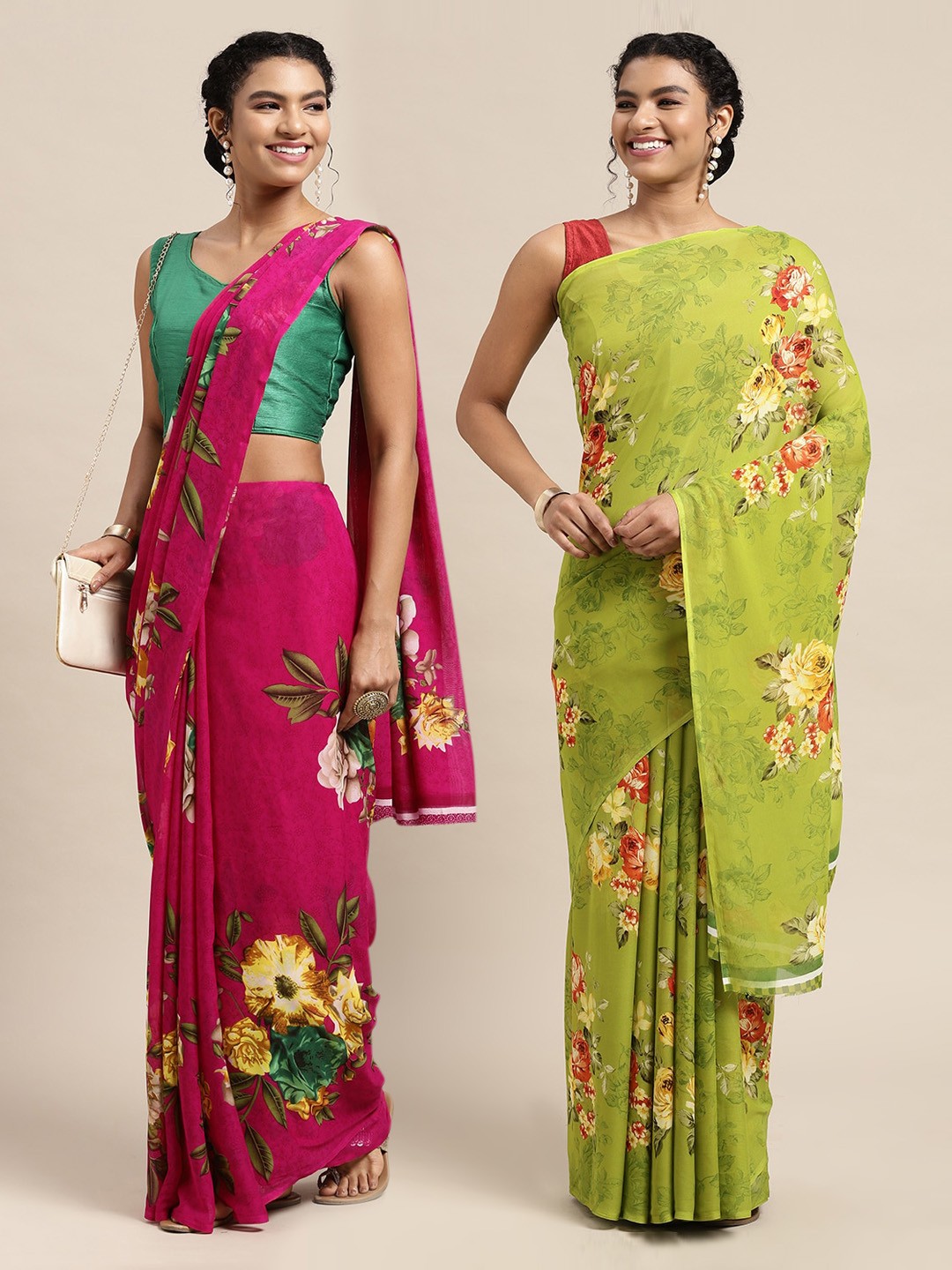 

KALINI Set Of 2 Pink & Green Floral Saree