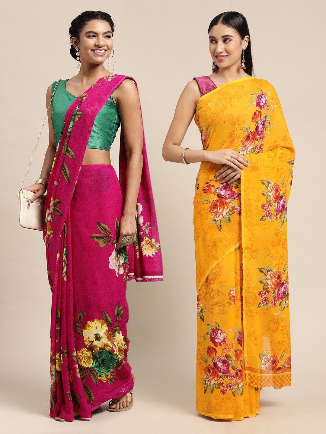 

KALINI Pink & Yellow Set Of 2 Floral Saree