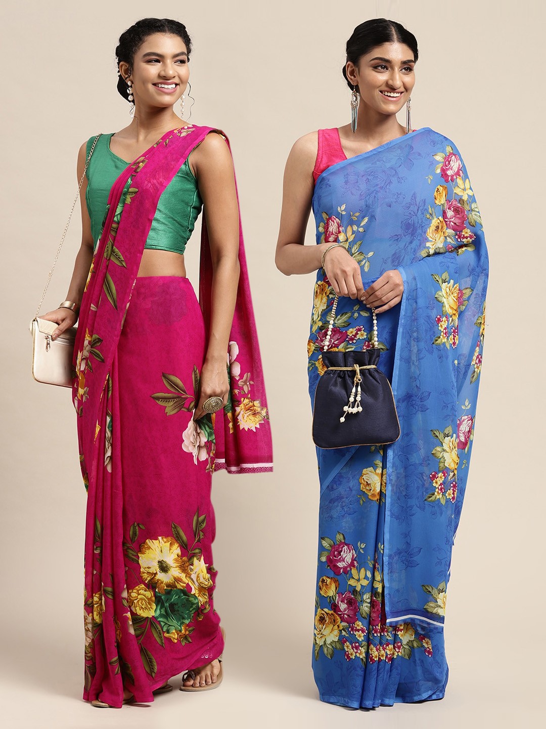 

KALINI Magenta & Blue Set of 2 Printed Georgette Saree