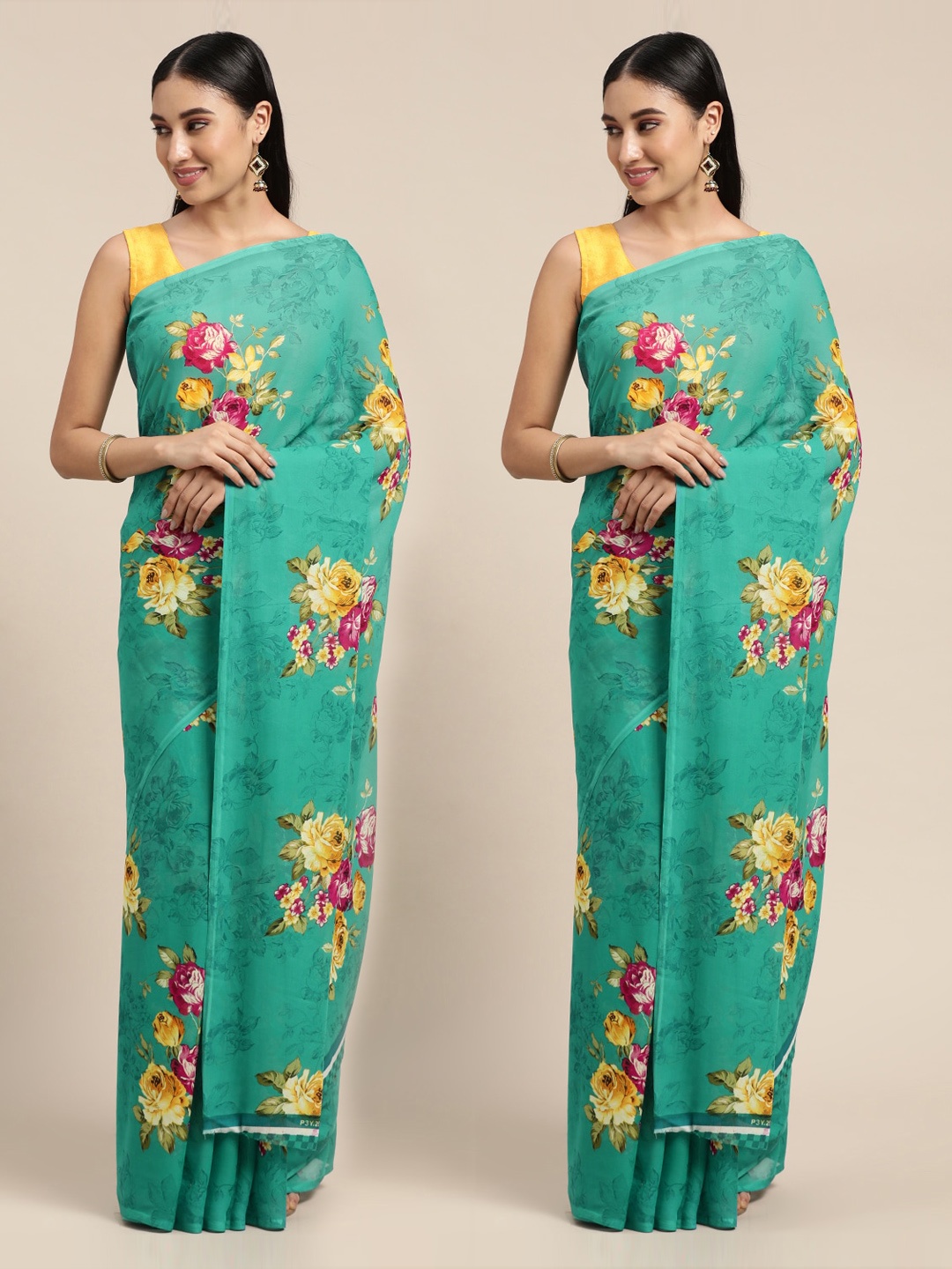 

KALINI Sea Green & Yellow Floral Printed Poly-Georgette Saree Pack Of 2