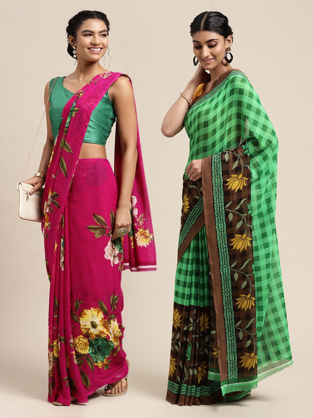 

KALINI Pack of 2 Pink & Green Floral Sarees