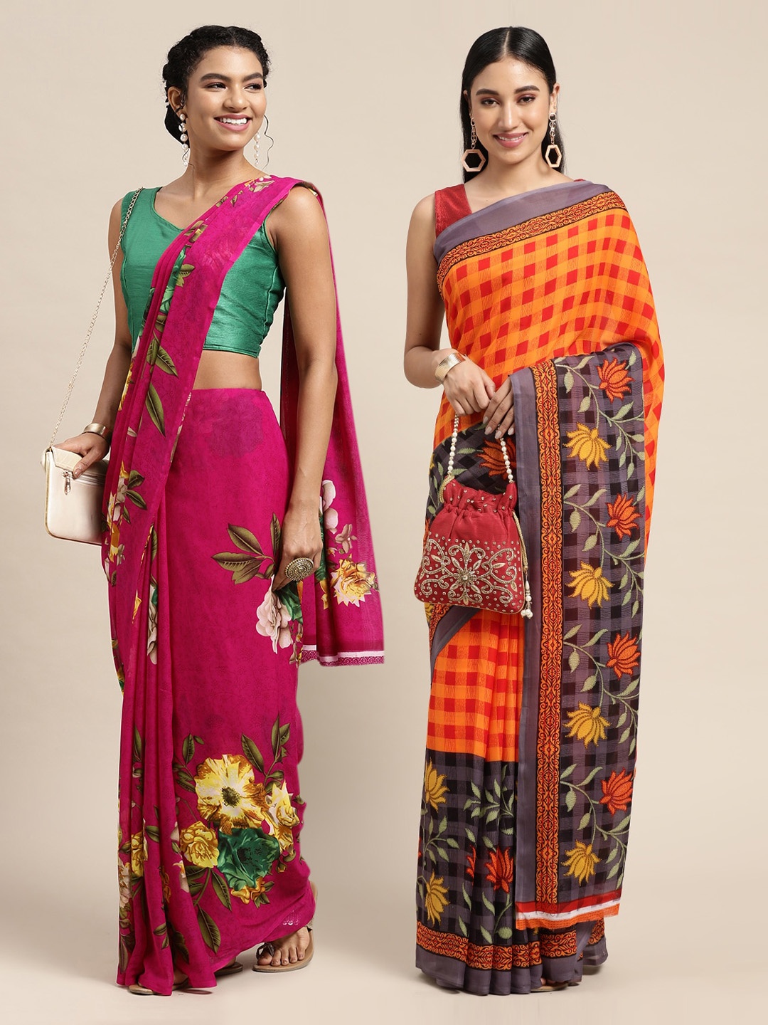 

KALINI Pack of 2 Fuchsia & Orange Printed Sarees