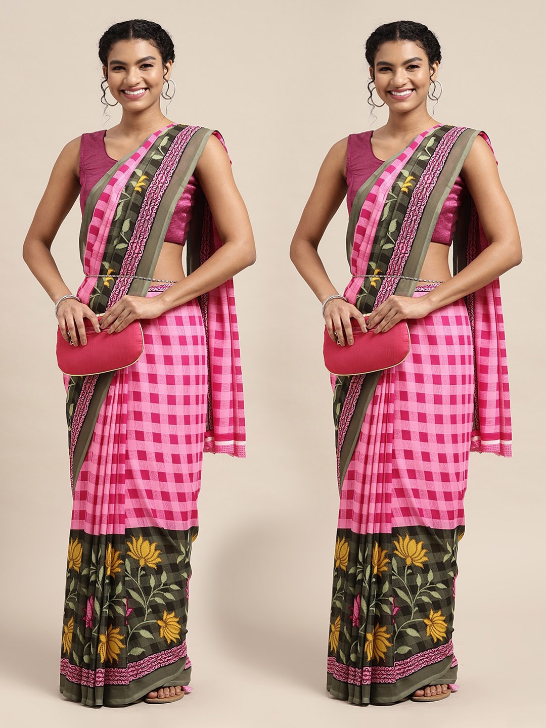 

KALINI Pack Of 2 Pink & Green Checked Saree