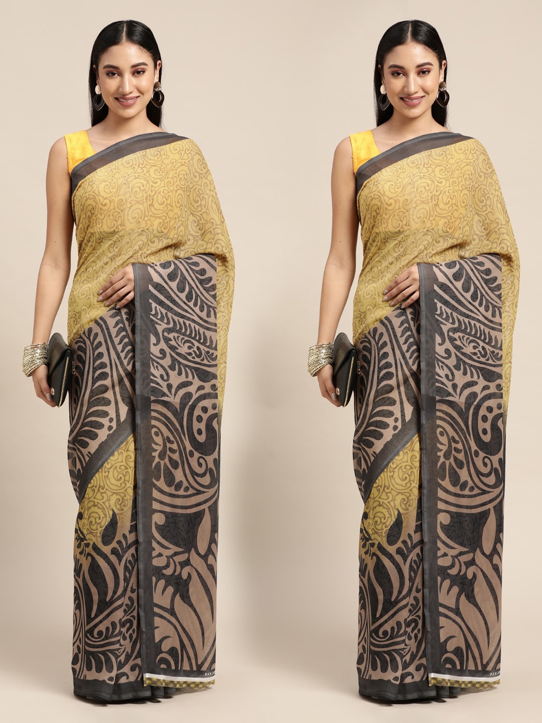 

KALINI Set Of 2 Yellow & Grey Ethnic Motifs Saree