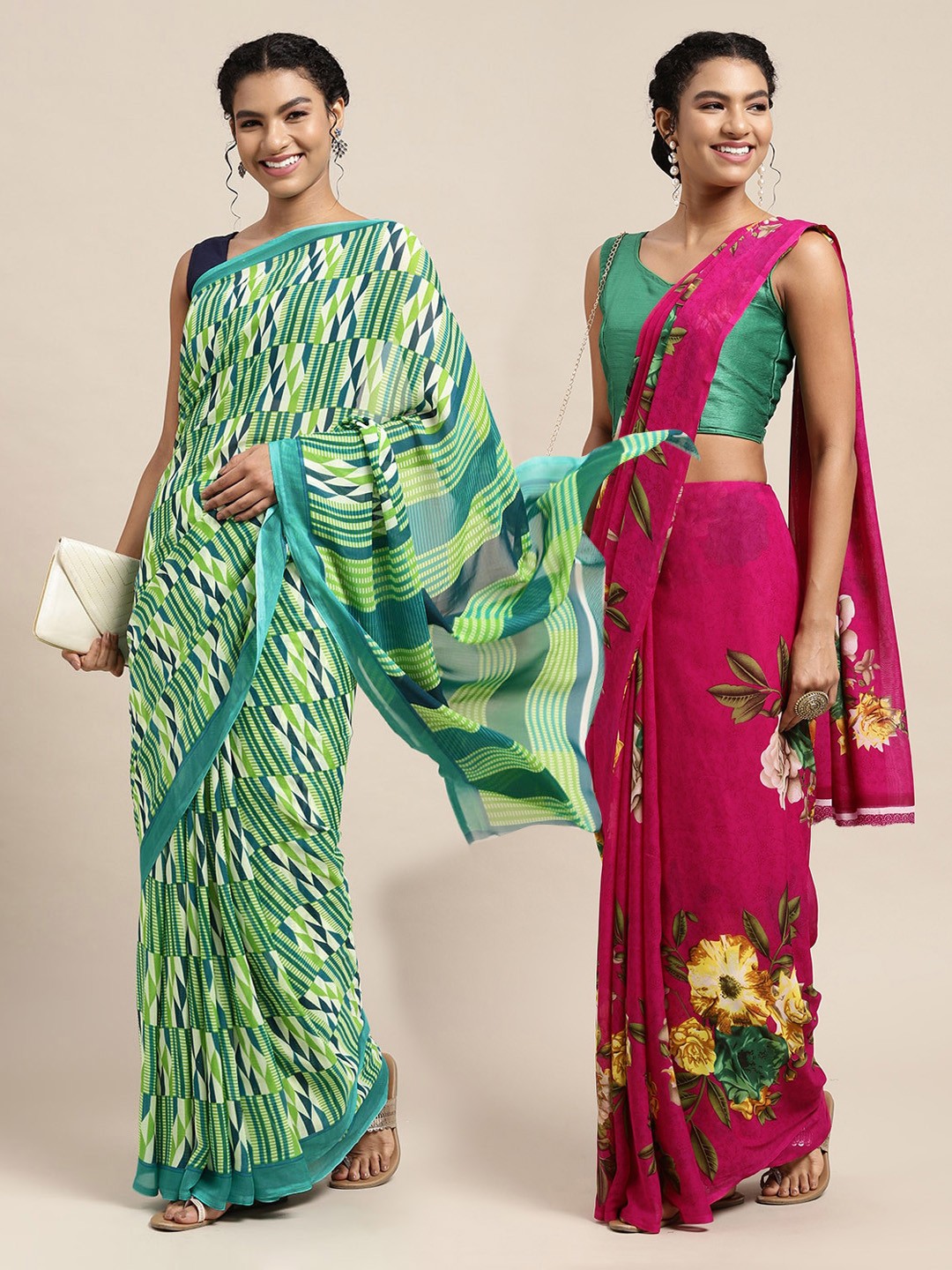 

KALINI Pack of 2 Printed Sarees, Pink
