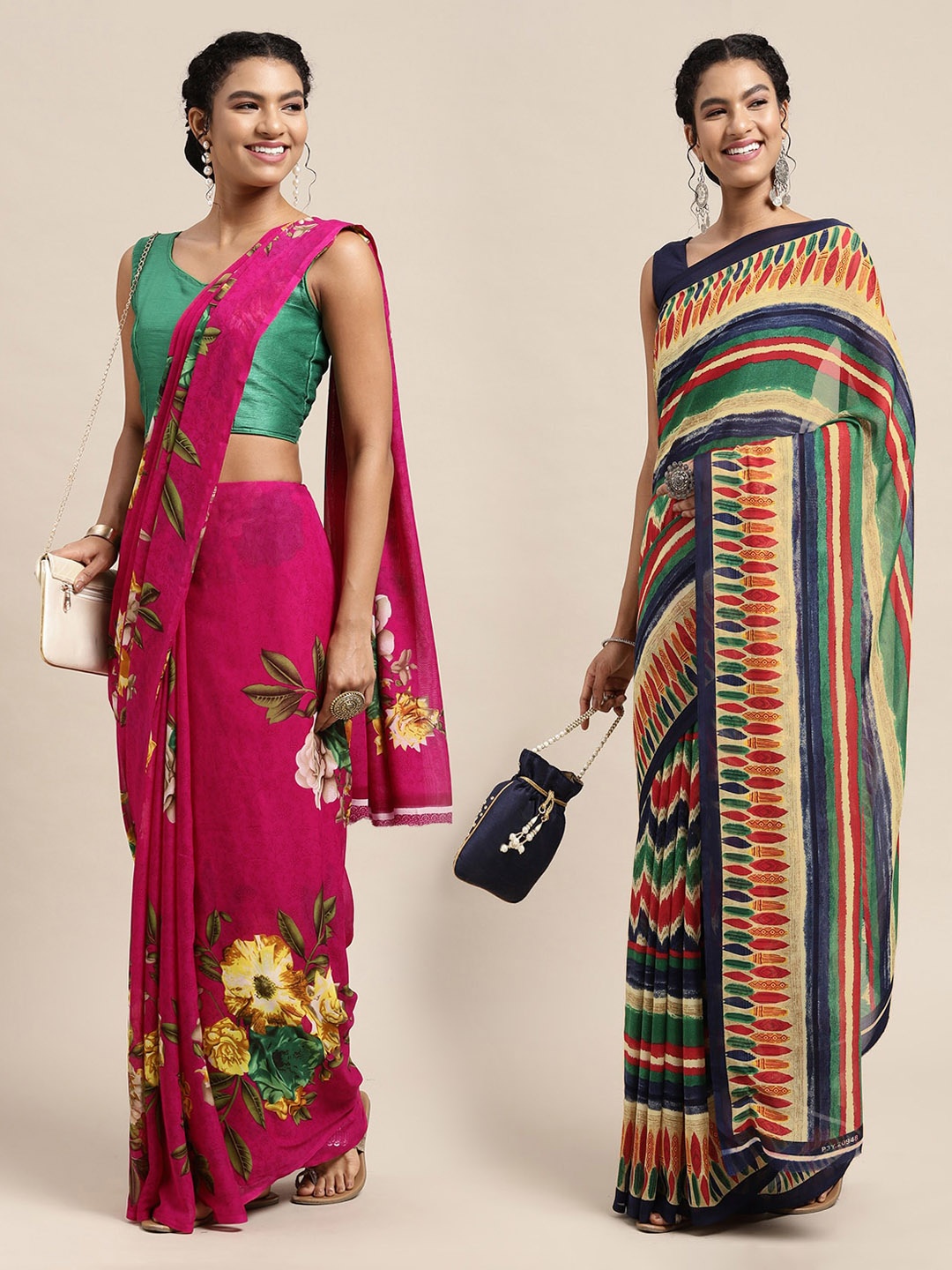 

KALINI Pink & Green Set Of 2 Floral Saree