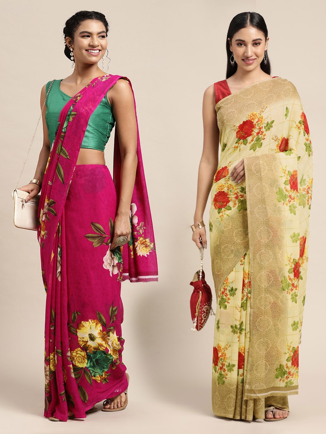 

KALINI Magenta & Cream-Coloured Set of 2 Printed Georgette Saree