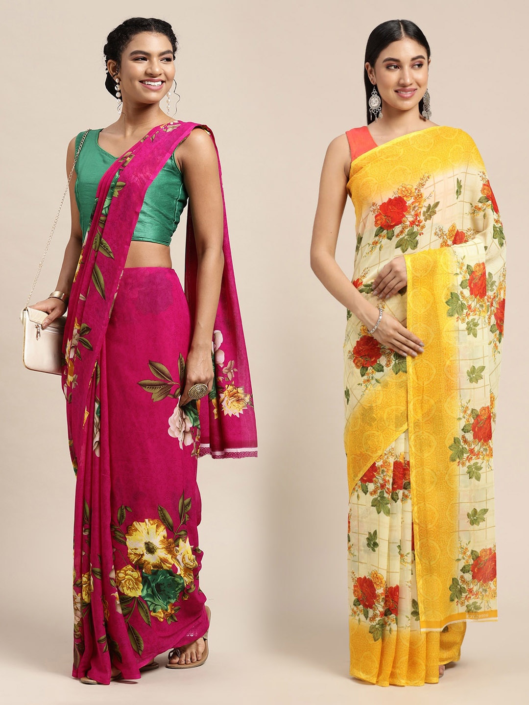 

KALINI Pink & Yellow Floral Printed Poly-Georgette Saree Pack Of 2